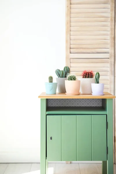 Beaux Cactus Différents Dans Des Pots Sur Table — Photo
