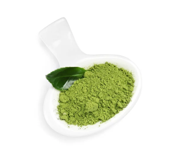 Ciotola Con Matcha Polvere Foglia Verde Sfondo Bianco — Foto Stock