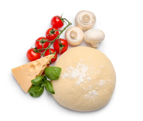 Ingredients Tasty Pizza White Background Top View — Stock Photo, Image