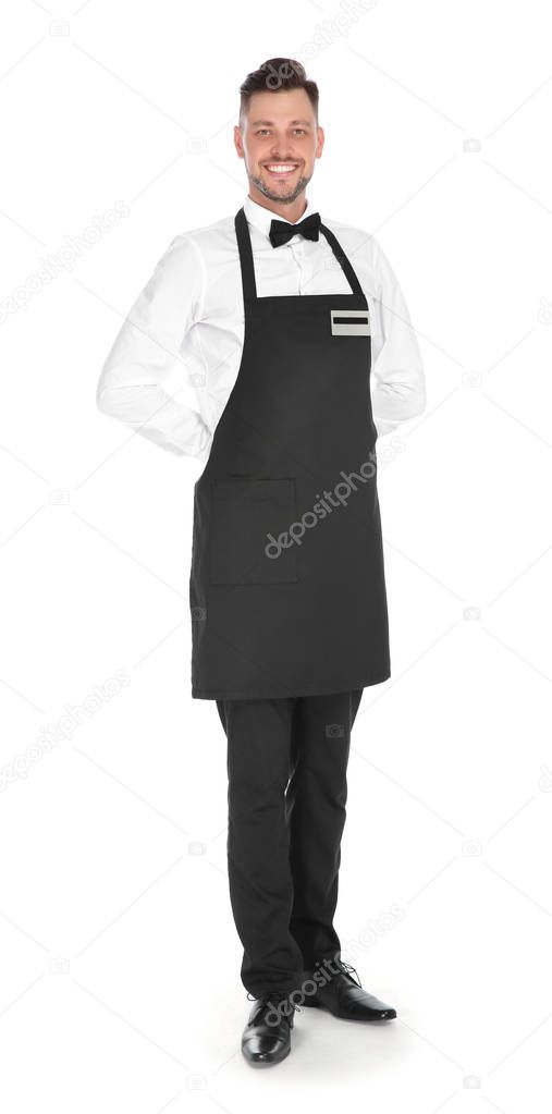Full length portrait of handsome waiter in elegant uniform on white background