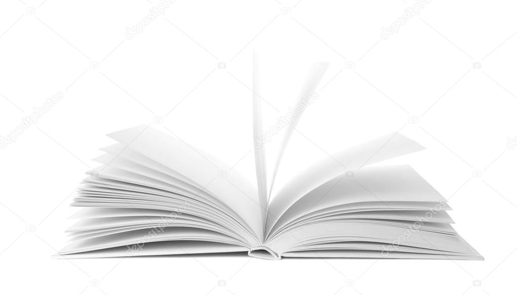 Open book with hard cover on white background