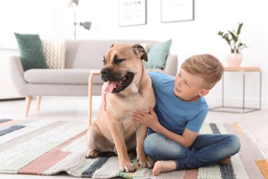 Sevimli küçük çocuk evde köpeğiyle