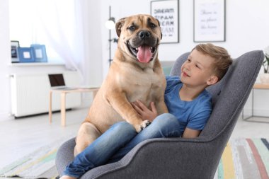 Sevimli küçük çocuk ile evde koltukta oturan köpek
