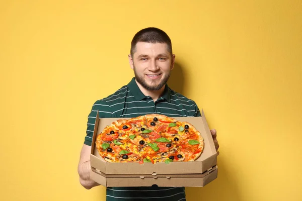 Attractive Young Man Delicious Pizza Color Background — Stock Photo, Image