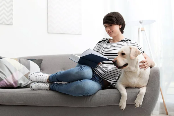 可爱的黄色拉布拉多猎犬与拥有人在沙发室内 — 图库照片