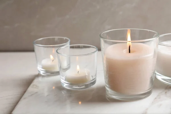 Burning Candles Glasses Marble Board — Stock Photo, Image