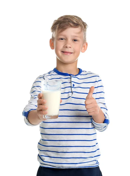 Adorable Niño Pequeño Con Vaso Leche Sobre Fondo Blanco — Foto de Stock