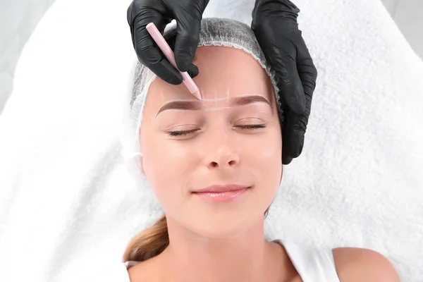 Young Woman Undergoing Eyebrow Correction Procedure Salon Top View — Stock Photo, Image