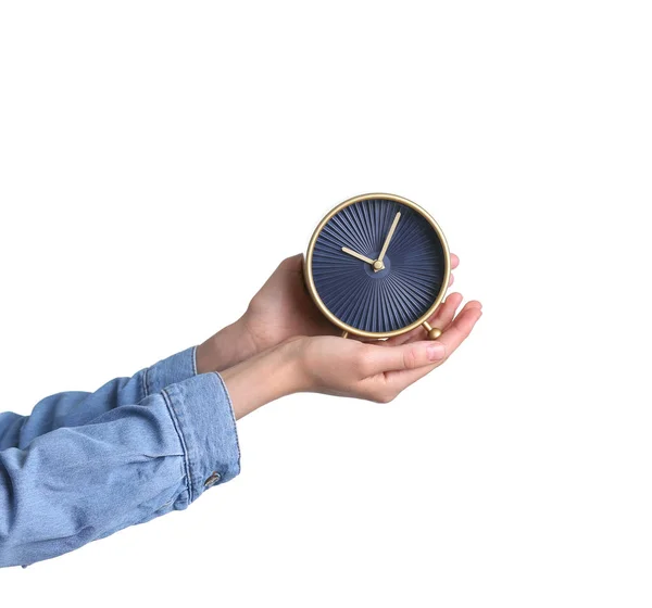 Young Woman Holding Alarm Clock White Background Time Concept — Stock Photo, Image