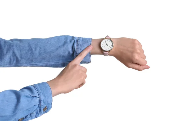 Mujer Joven Con Reloj Pulsera Sobre Fondo Blanco Concepto Tiempo —  Fotos de Stock