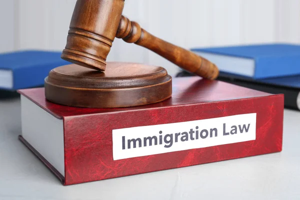 书与词移民法律和木槌在桌上 — 图库照片