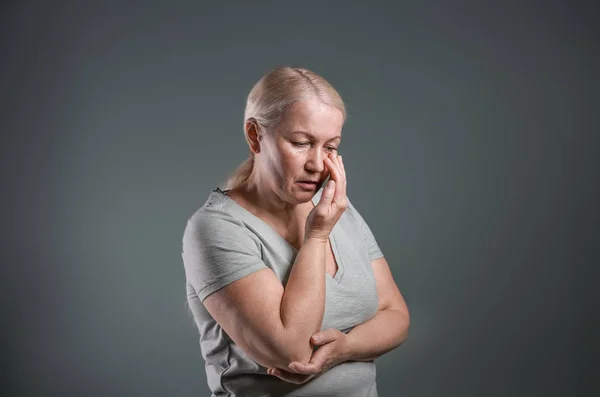 Mature Woman Suffering Depression Grey Background — Stock Photo, Image