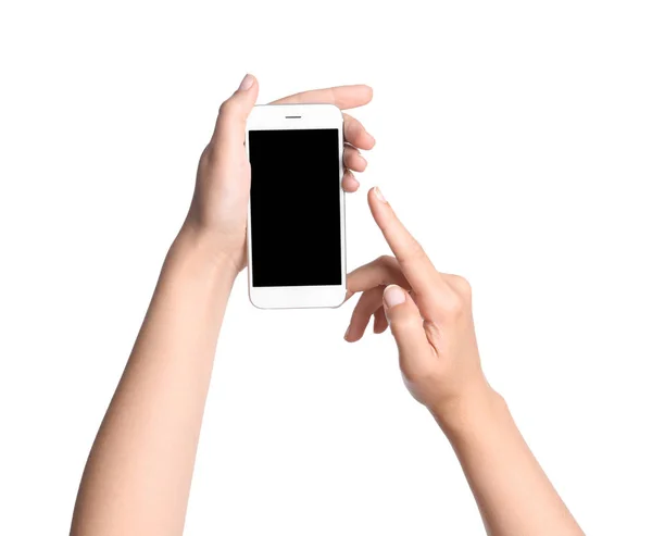 Ung Kvinna Med Mobiltelefon Med Blank Skärm Händerna Vit Bakgrund — Stockfoto