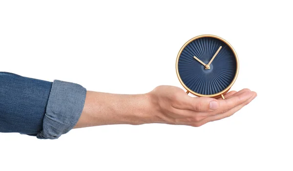 Junger Mann Mit Uhr Auf Weißem Hintergrund Zeitmanagement — Stockfoto