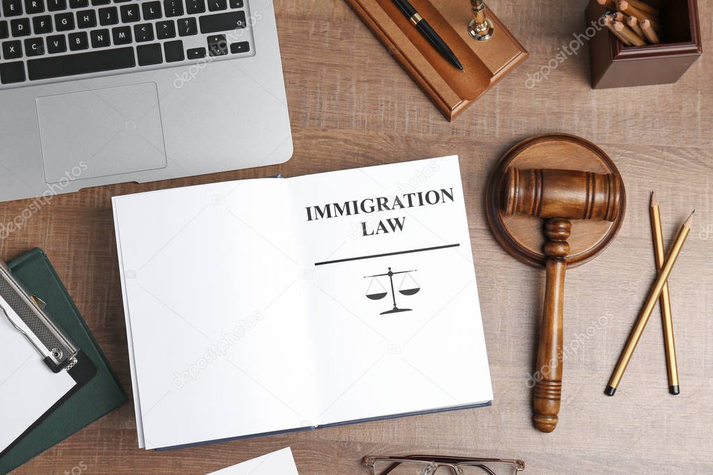 Flat lay composition with book, gavel and laptop on wooden background. Immigration law concept
