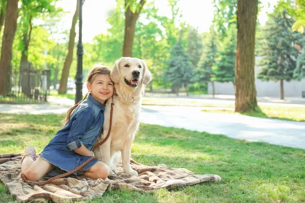 Cute Little Child His Pet Green Park — Stock Photo, Image