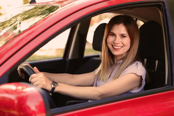 Happy Beautiful Woman Driving Modern Car — Stock Photo, Image