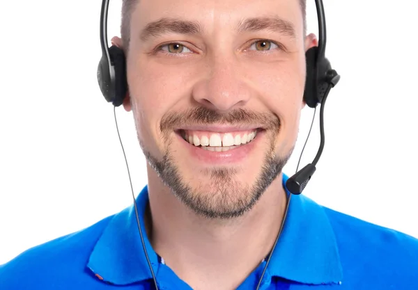 Operador Soporte Técnico Masculino Con Auriculares Sobre Fondo Blanco — Foto de Stock