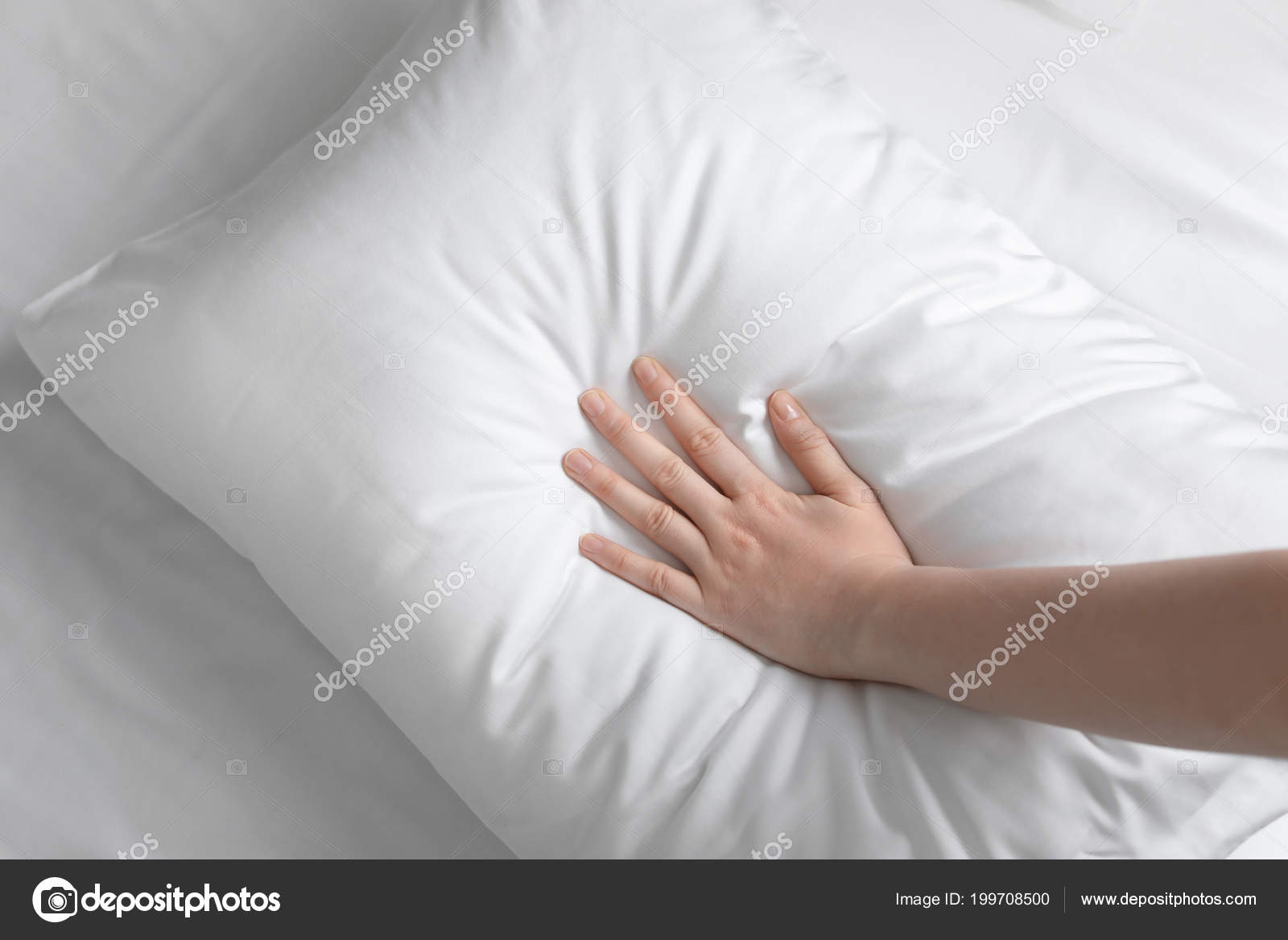 Hand Pressing On Soft Pillow Stock Photo 2289126277