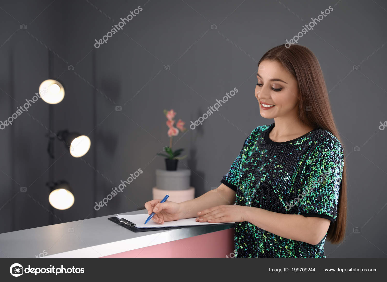 Young Woman Filling Application Form Reception Desk Beauty Salon