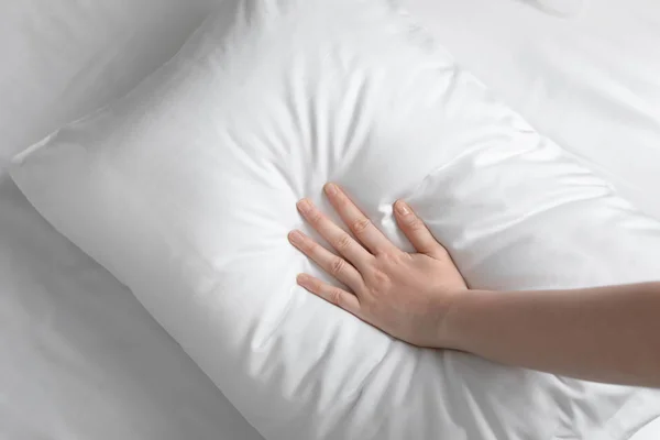 Young Woman Touching Soft White Pillow Closeup — Stock Photo, Image