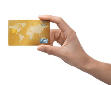 Beyaz arka plan üzerinde kredi kartı tutan kadın