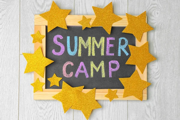 Decorated Blackboard Text Summer Camp Chalked Different Colors Wooden Background — Stock Photo, Image