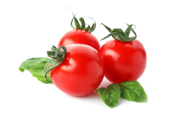 Dojrzałe Pomidory Czerwone Bazylia Białym Tle — Zdjęcie stockowe