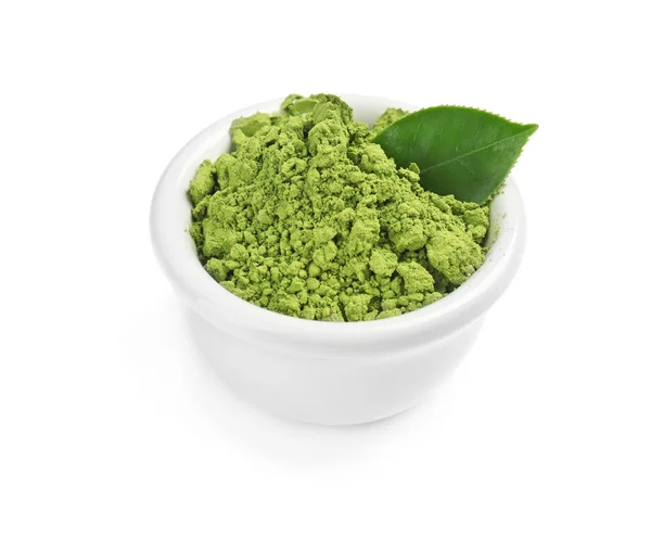 Ciotola Con Matcha Polvere Foglia Verde Sfondo Bianco — Foto Stock