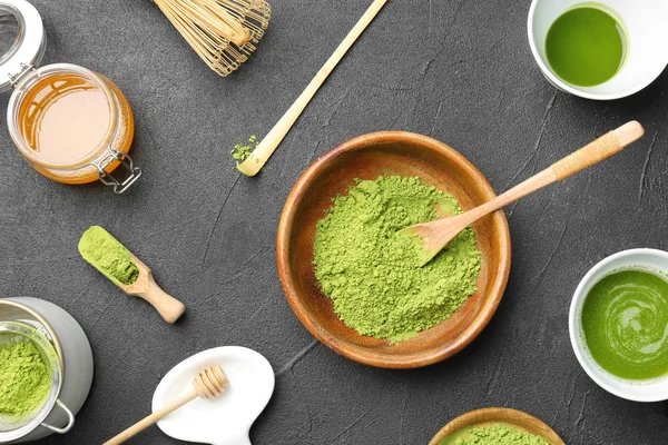 Plat Leggen Samenstelling Met Matcha Thee Honing Tafel — Stockfoto