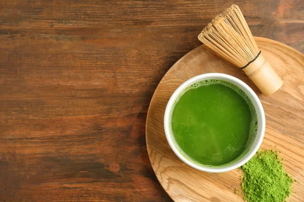 Flat Lag Samenstelling Met Matcha Thee Houten Achtergrond — Stockfoto