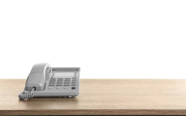 Telefon Drewnianym Stole Białym Tle — Zdjęcie stockowe
