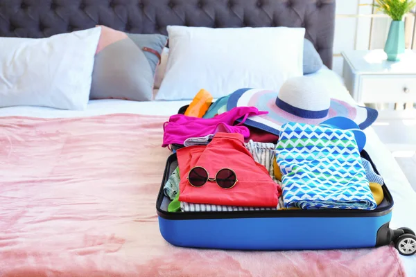 Open Suitcase Beach Clothes Accessories Bed Indoors — Stock Photo, Image