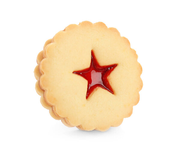 Traditional Christmas Linzer cookie with sweet jam on white background