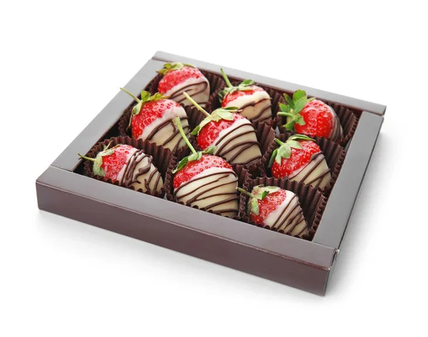 Box Chocolate Covered Strawberries White Background — Stock Photo, Image
