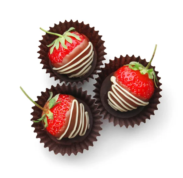 Delicious Chocolate Covered Strawberries White Background Top View — Stock Photo, Image