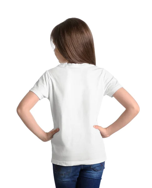 Petite Fille Shirt Sur Fond Blanc Maquette Pour Design — Photo