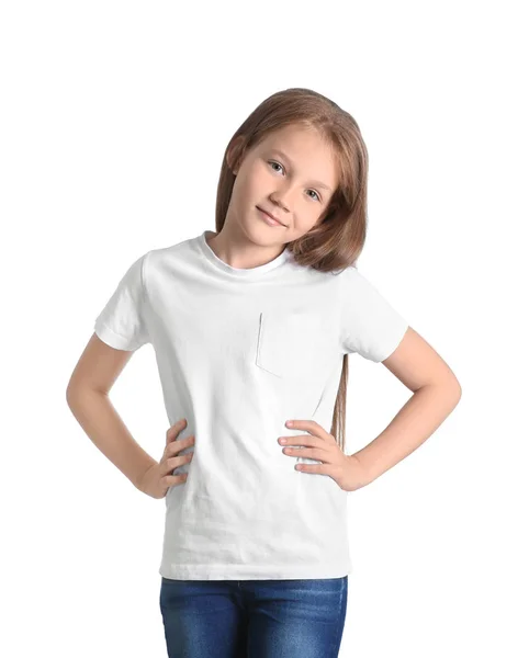 Niña Camiseta Sobre Fondo Blanco Burla Para Diseño — Foto de Stock