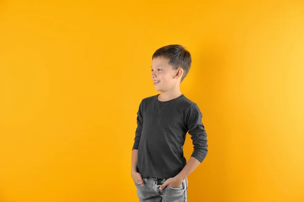 Little Boy Long Sleeve Shirt Color Background Mock Design — Stock Photo, Image