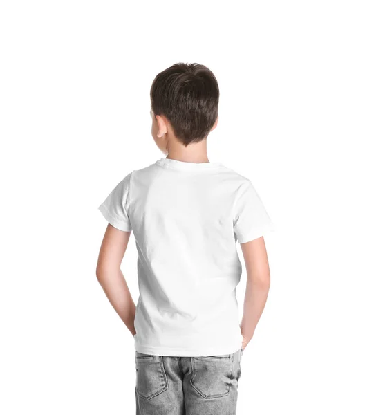 在白色背景 T恤衫的小男孩 设计模拟 — 图库照片