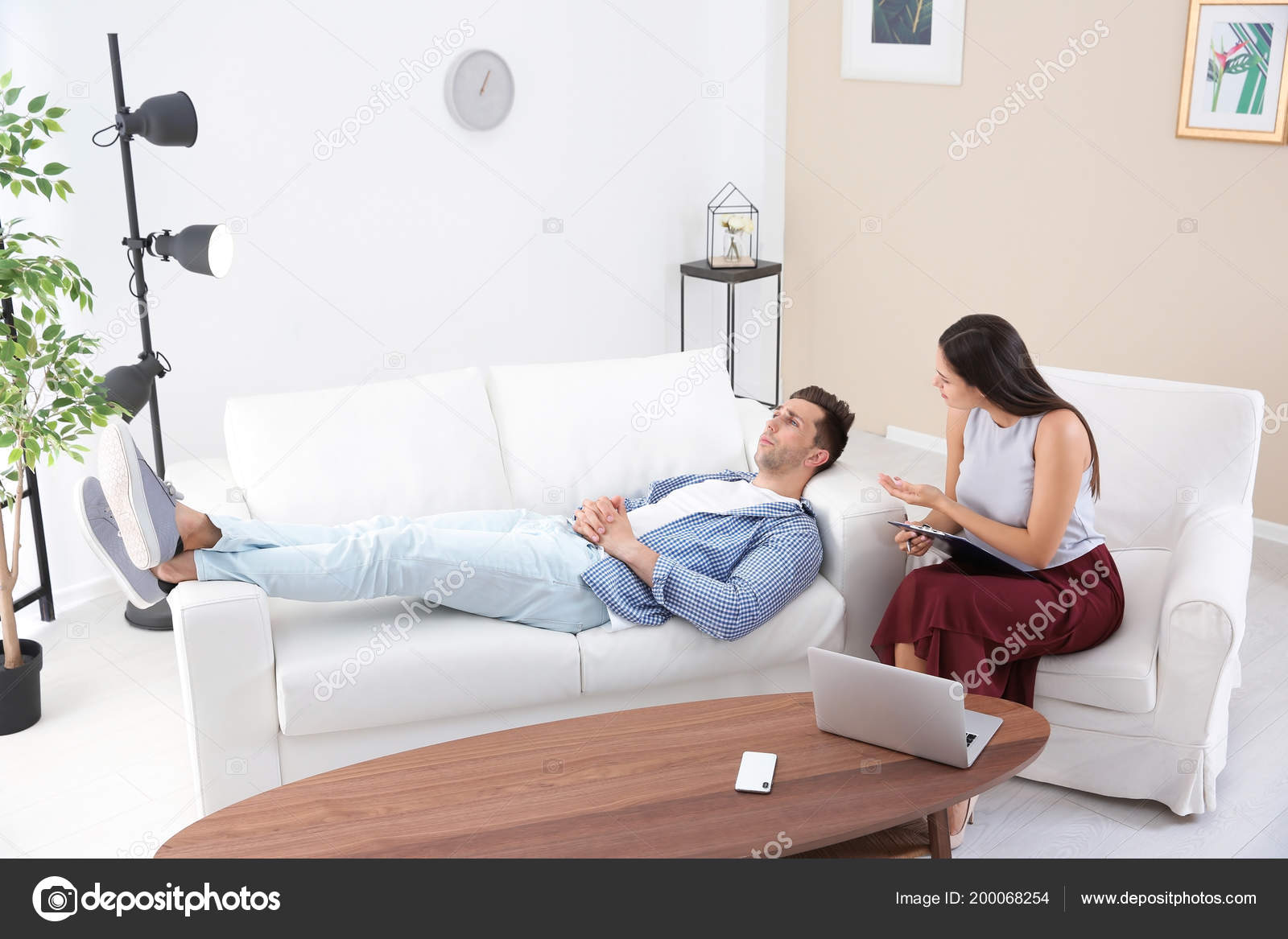 Depressed Young Man Having Appointment Psychologist Office Stock