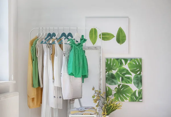 Elegante Vestidor Interior Con Perchero Espejo — Foto de Stock