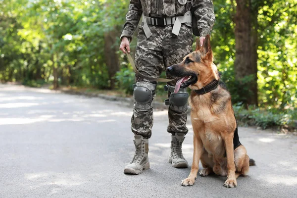 ジャーマン シェパード犬を屋外で軍服の男 — ストック写真