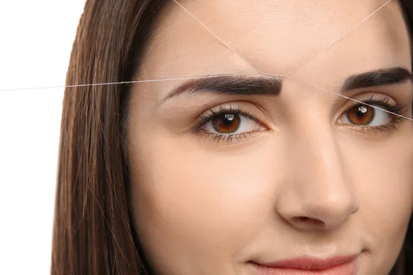 Young Woman Having Professional Eyebrow Correction Procedure Closeup — Stock Photo, Image