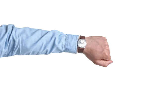 白い背景の上の腕時計を持つ若者 時間の概念 — ストック写真