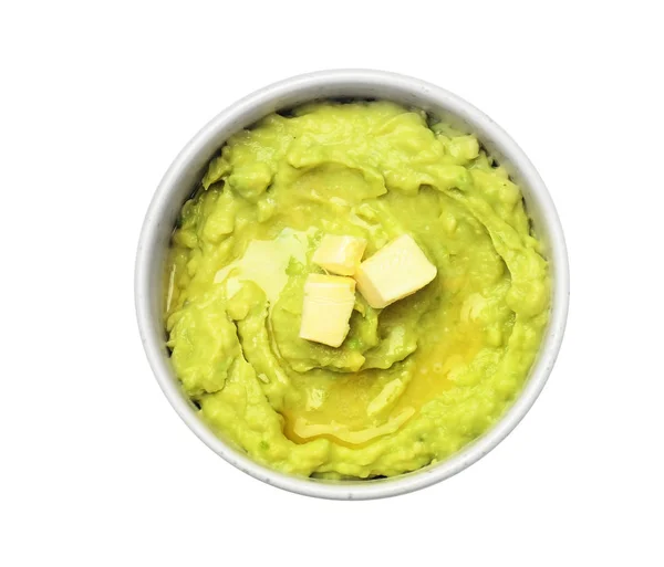 Bowl Guacamole Made Ripe Avocados White Background Top View — Stock Photo, Image