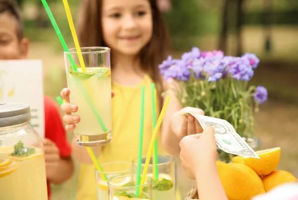 Liten Flicka Som Säljer Naturliga Lemonad Monter Park — Stockfoto