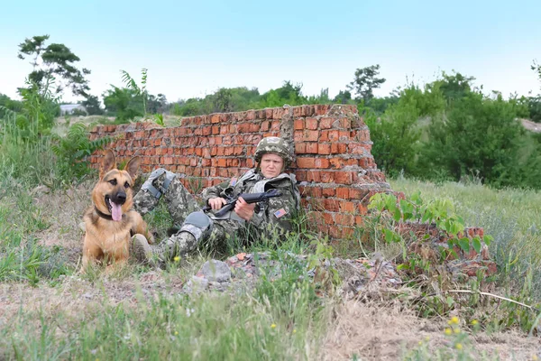 Askeri üniformalı bir adam ve Alman çoban köpeği kırık tuğla duvarın yanında.