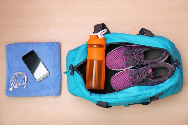 Flat Lay Composition Sports Bag Floor Top View — Stock Photo, Image