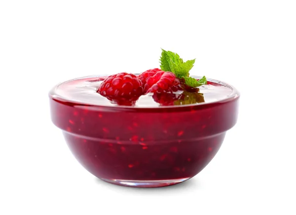 Bowl Delicious Raspberry Jam White Background — Stock Photo, Image
